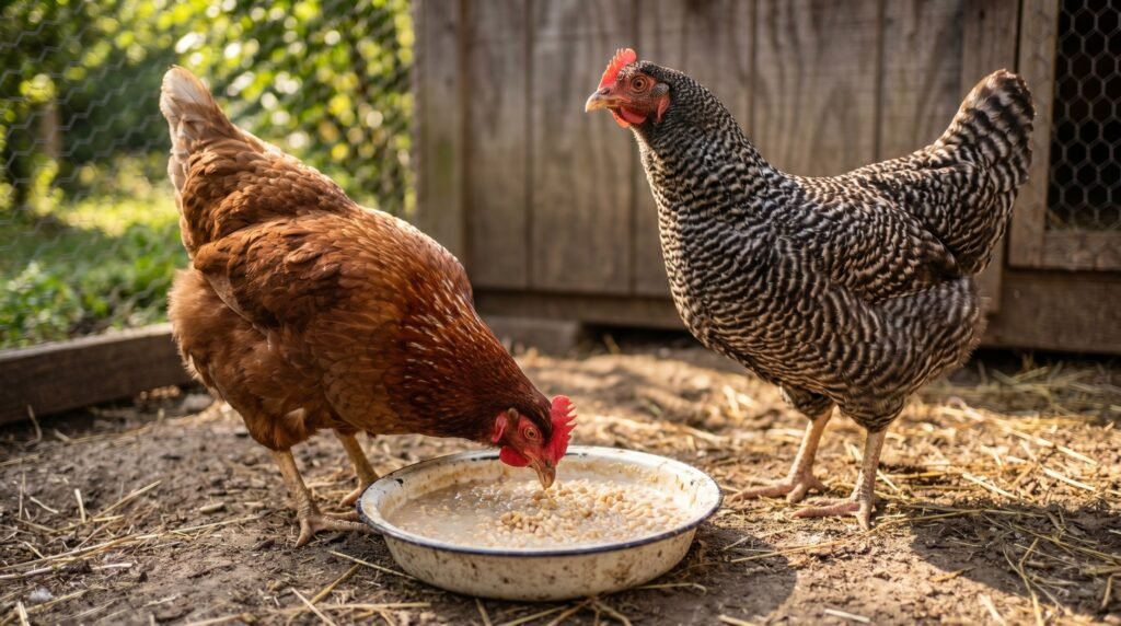 backyard chickens eating fermented mash feed from a dish in the coop run
