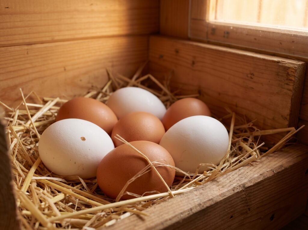 brown and white eggs side by side in a straw-lined nest box showing breed egg color variety