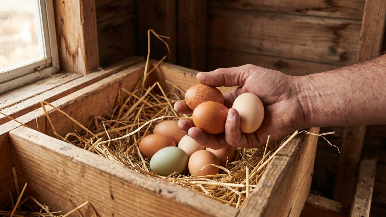 freshly collected chicken eggs of mixed colors resting in straw-lined nest box