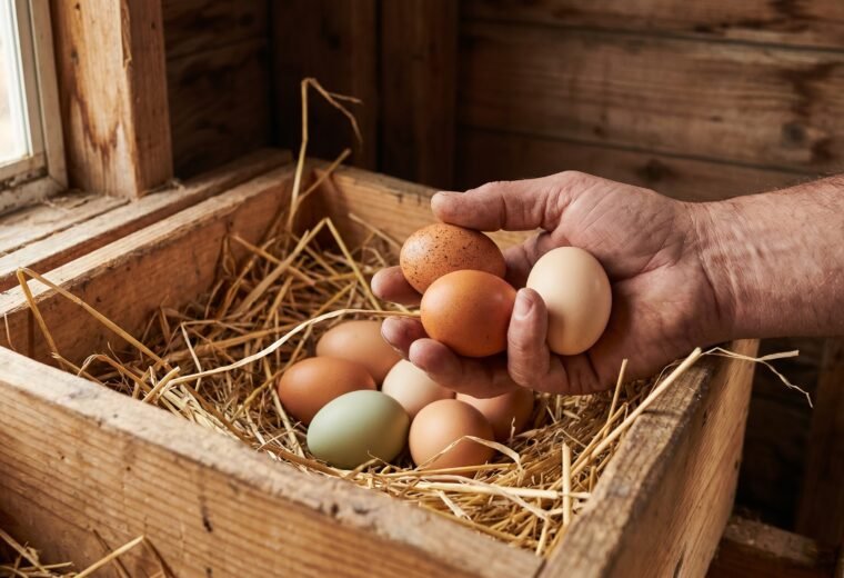 freshly collected chicken eggs of mixed colors resting in straw-lined nest box