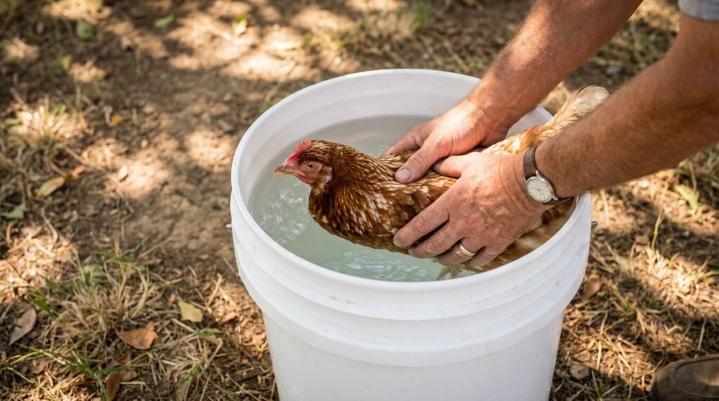 Hen submerged to the neck in cool water bucket during heat emergency cooling