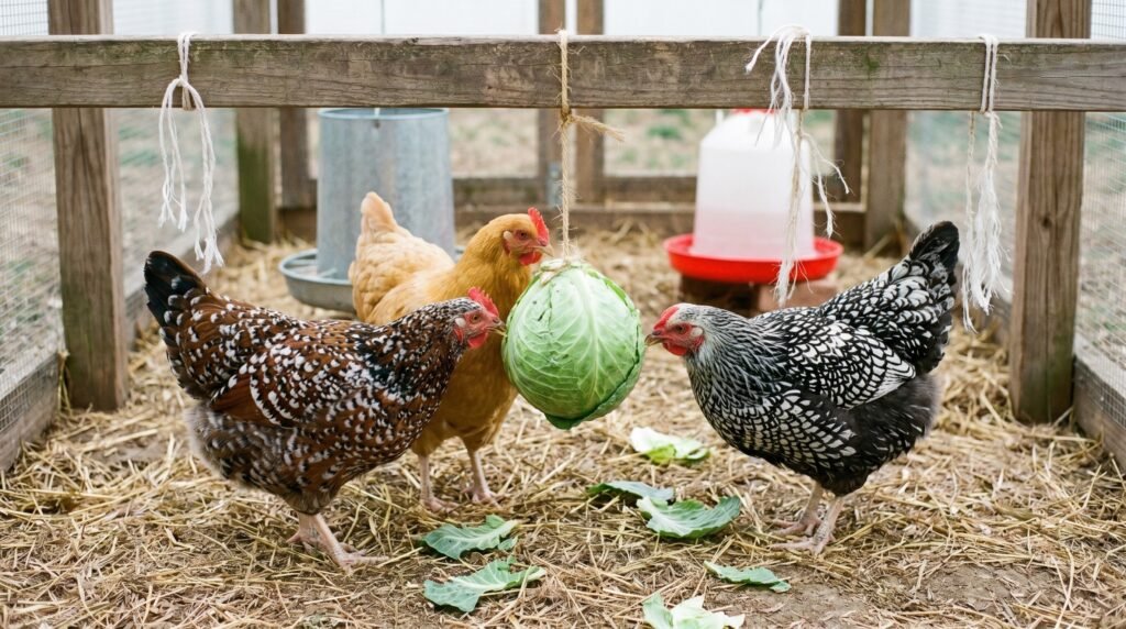 backyard hens pecking at a cabbage enrichment hanging in the run to reduce boredom-driven bullying