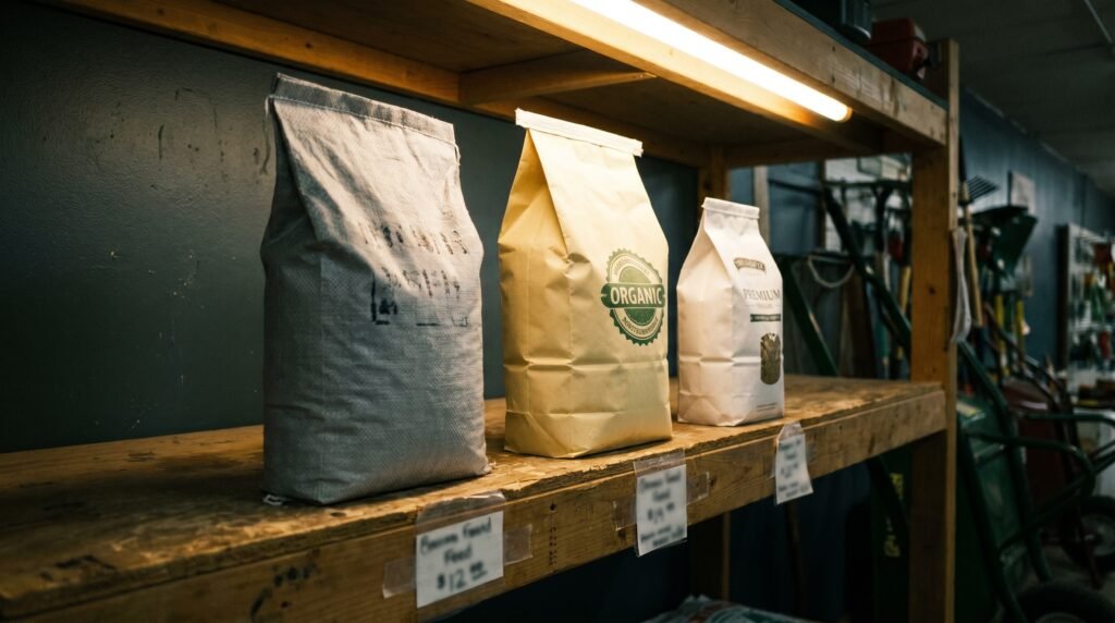 three chicken feed bags on a farm store shelf showing conventional, organic, and soy-free options