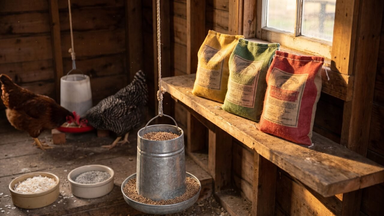 Three life-stage chicken feed bags alongside a pellet feeder, oyster shell, and grit in a coop