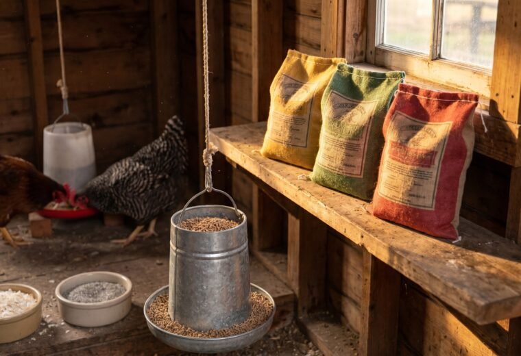 Three life-stage chicken feed bags alongside a pellet feeder, oyster shell, and grit in a coop