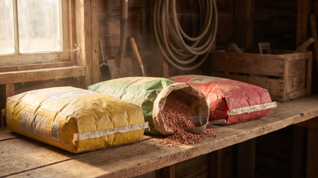 Three feed bags representing chick starter, pullet grower, and layer feed stages