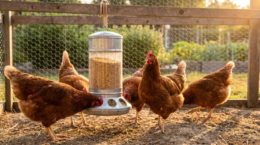 Rhode Island Red hens eating freely from a full hanging tube feeder in a backyard run
