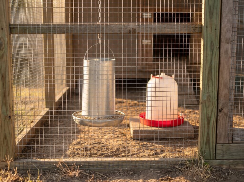 Hanging tube feeder and gravity waterer set up inside a hardware cloth chicken run