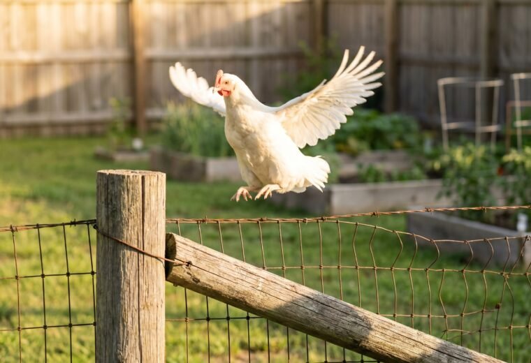 White Leghorn hen mid-flight clearing a five-foot wooden farm fence