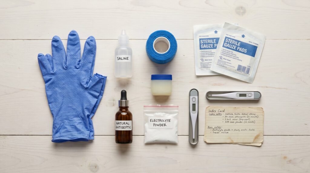 Backyard chicken first-aid kit supplies including electrolytes, vet wrap, gauze, and gloves