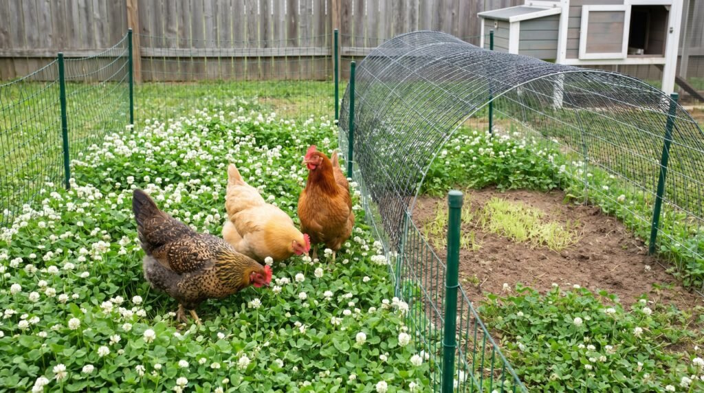 Chickens foraging in a clover patch divided by temporary fencing for rotation grazing