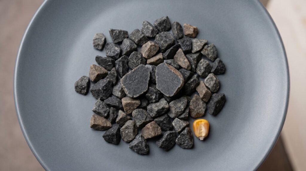 Close-up of dark gray granite grit particles used in the chicken gizzard for grinding whole grains