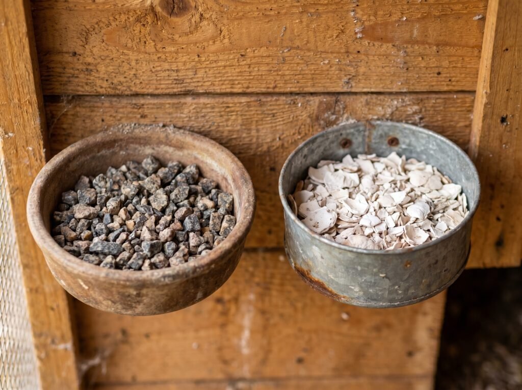 granite grit and crushed oyster shell in separate dishes inside a chicken coop