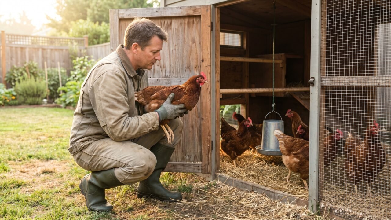 Backyard chicken keeper inspecting a Rhode Island Red hen during morning health check