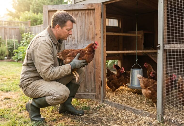 Backyard chicken keeper inspecting a Rhode Island Red hen during morning health check