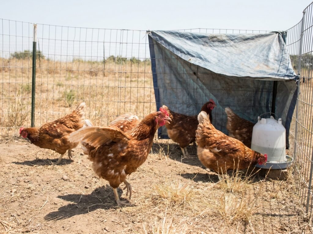 Hen panting in summer heat in an outdoor chicken run with shade tarp overhead