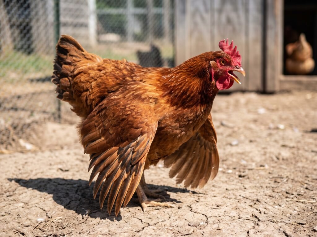 Rhode Island Red hen panting with beak open and wings spread showing classic heat stress posture