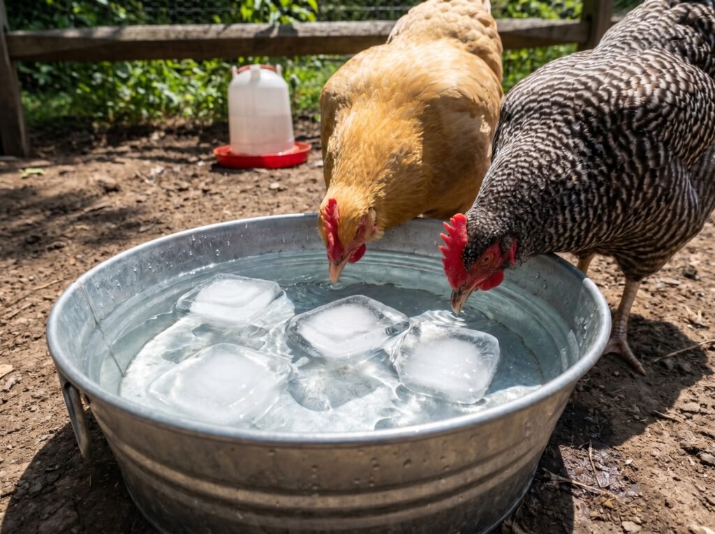 two backyard hens drinking from iced galvanized waterer in summer shade