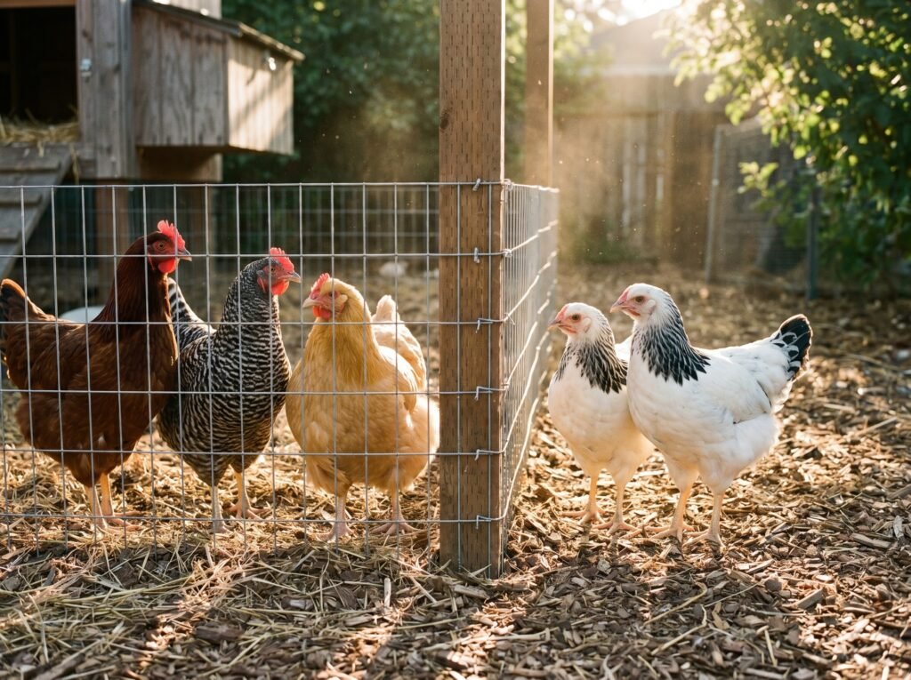 established hens and younger pullets observing each other through a wire partition during a safe flock introduction