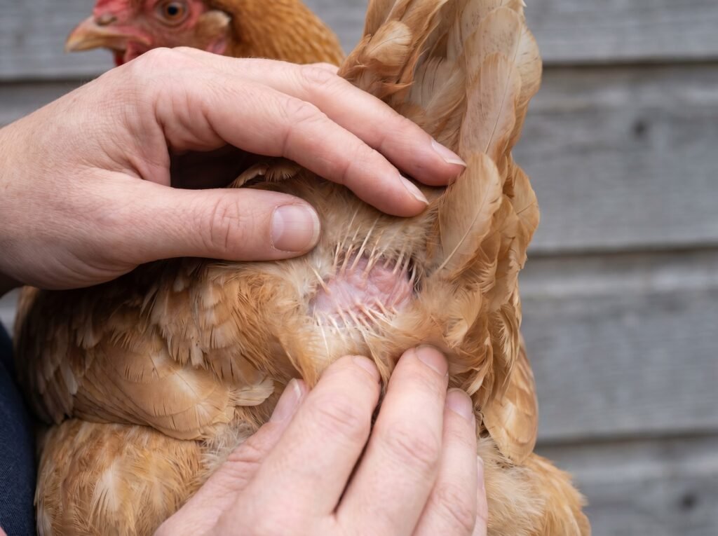 hands parting hen's vent feathers during fall parasite inspection for mites and lice