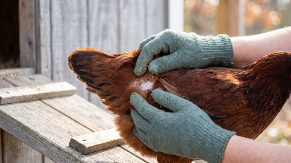 chicken keeper inspecting vent area feathers of a Rhode Island Red hen for mites