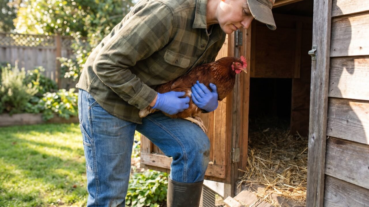 backyard keeper inspecting hen's vent feathers for chicken mites wearing gloves