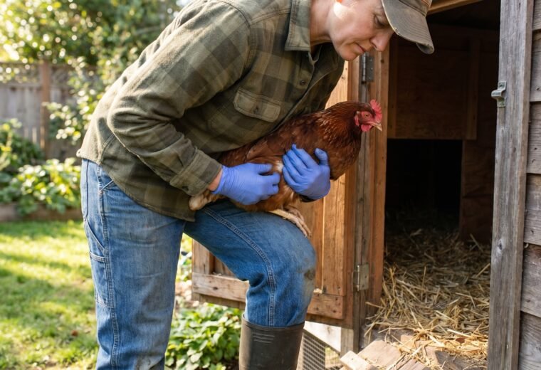 backyard keeper inspecting hen's vent feathers for chicken mites wearing gloves