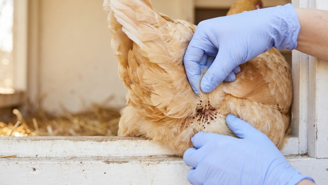 gloved hands parting a hen's vent feathers to check for chicken mites