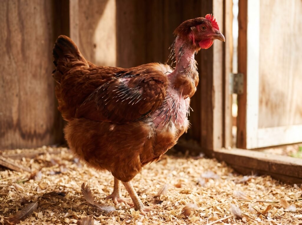Rhode Island Red hen during fall molt showing bare skin and new pin feathers growing in