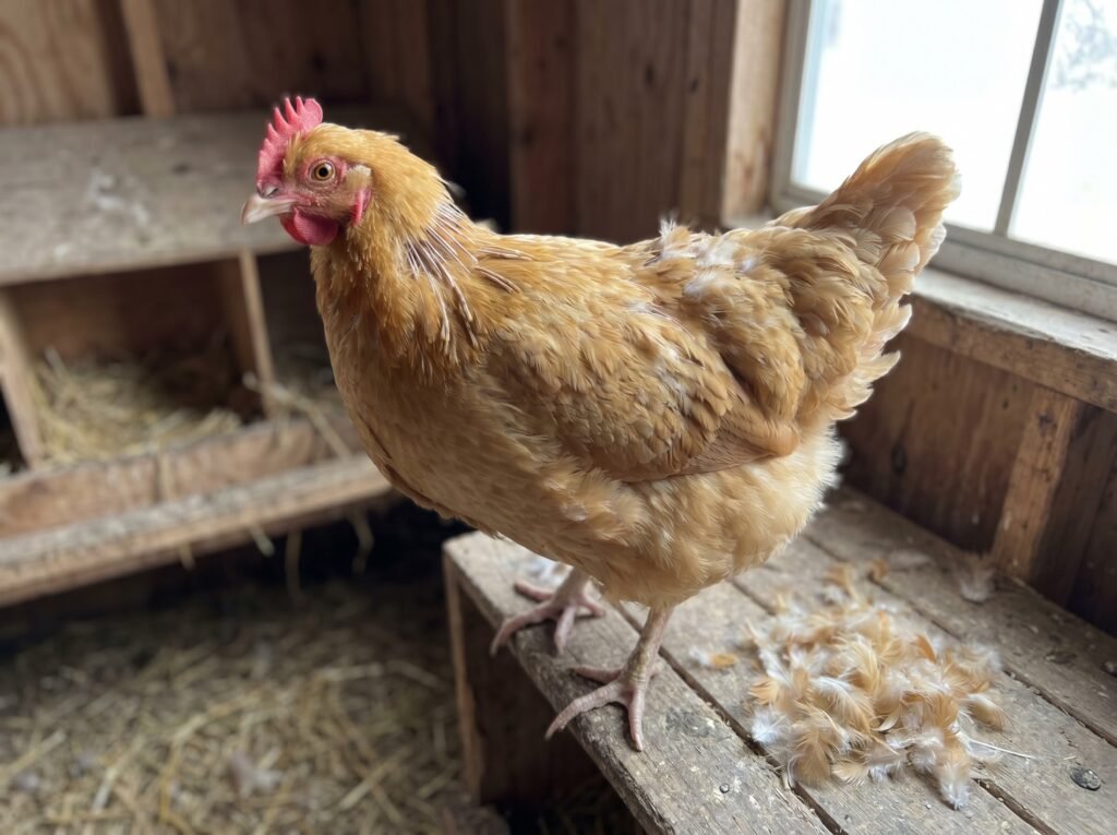 Buff Orpington hen showing pin feathers and feather loss during annual molt