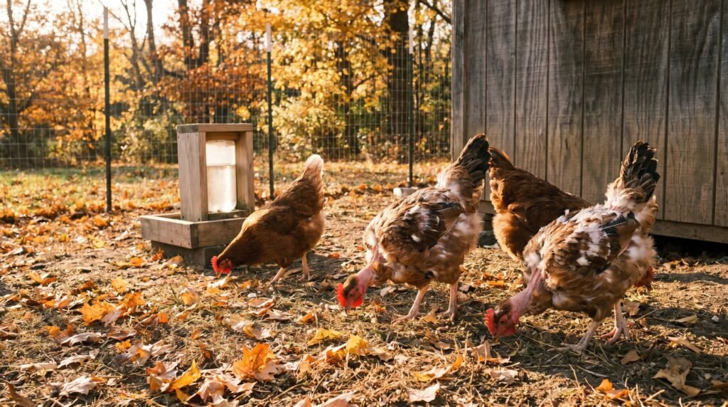Mixed backyard flock in a chicken run showing several hens in various stages of fall molt