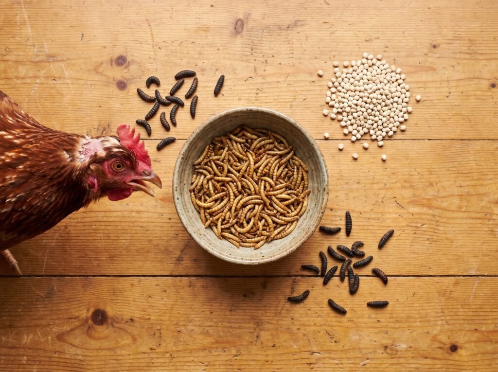 Dried mealworms and high-protein feed supplements for molting chickens on a wooden surface