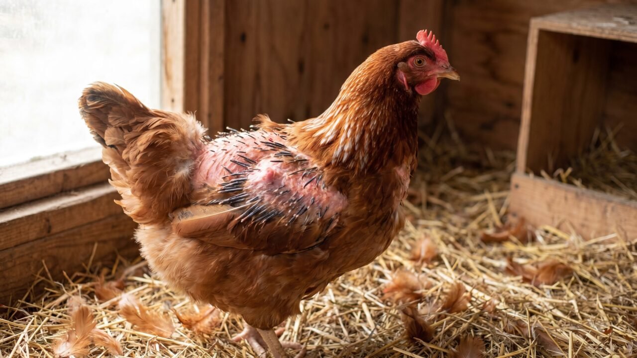 Rhode Island Red hen showing bare patch and emerging pin feathers during molting season