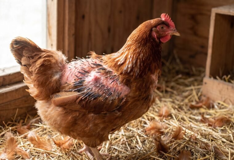 Rhode Island Red hen showing bare patch and emerging pin feathers during molting season