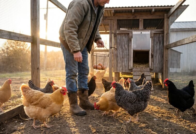 Backyard chicken keeper collecting eggs during morning flock routine with mixed backyard flock