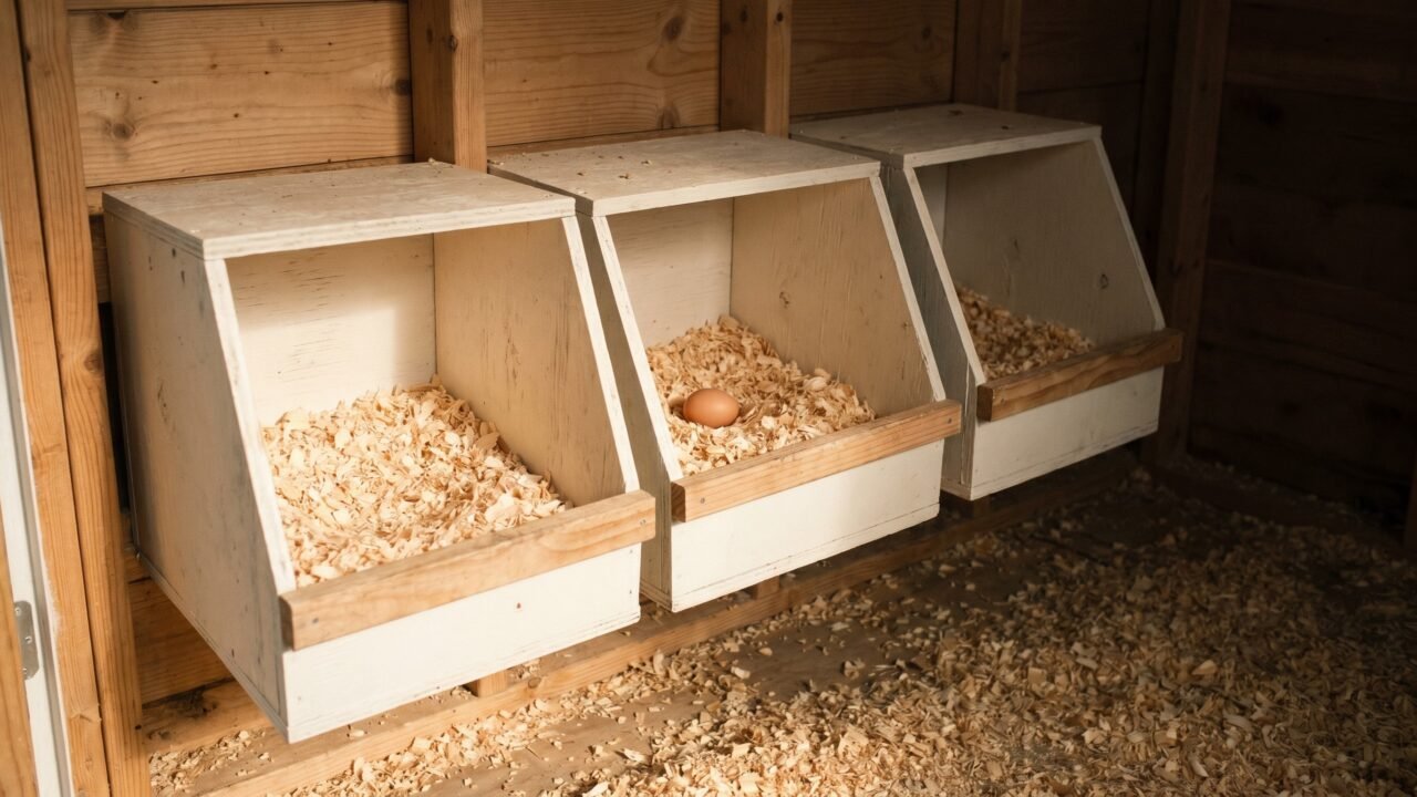 Three wooden chicken nesting boxes with pine shavings and one brown egg inside