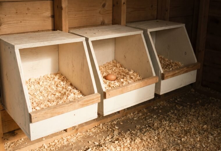 Three wooden chicken nesting boxes with pine shavings and one brown egg inside