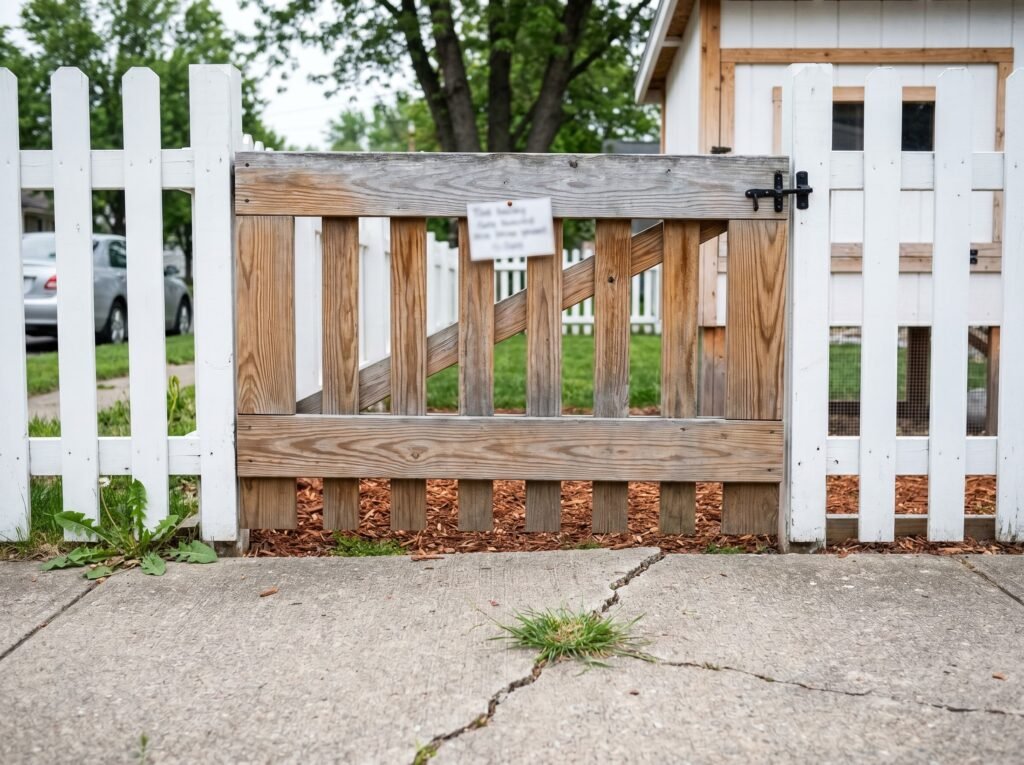 suburban backyard gate with small chicken coop visible beyond a cedar picket fence
