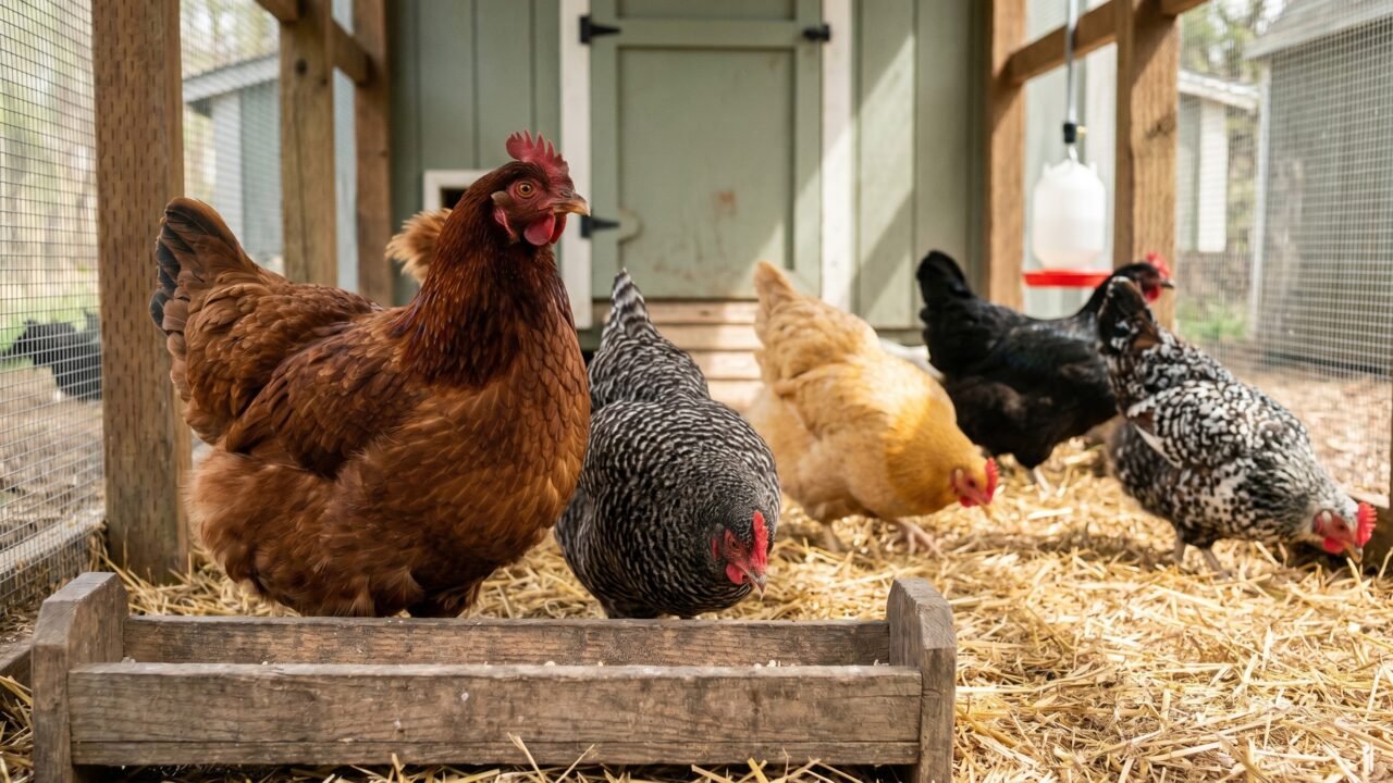 dominant Rhode Island Red hen asserting her place at the feeder while other hens in the pecking order wait