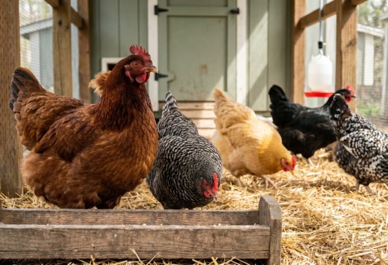 dominant Rhode Island Red hen asserting her place at the feeder while other hens in the pecking order wait