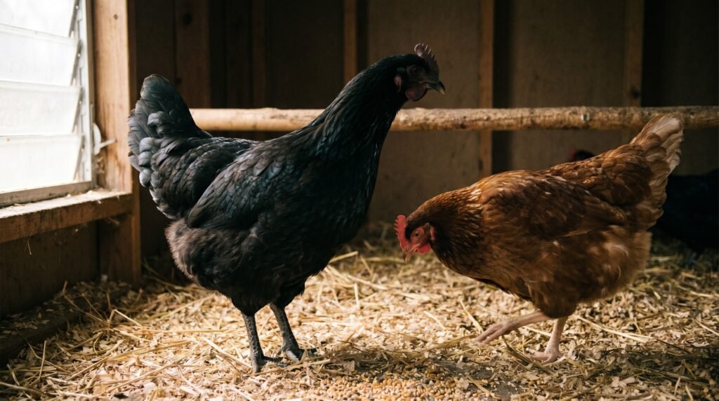 Australorp hen standing tall asserting dominance while ISA Brown hen steps away in normal pecking order interaction