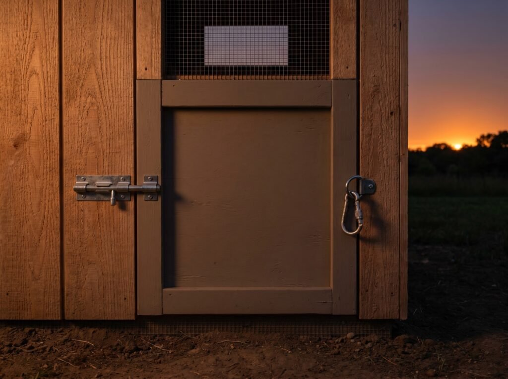 chicken pop door with double-latch hardware secured at dusk for nighttime predator protection
