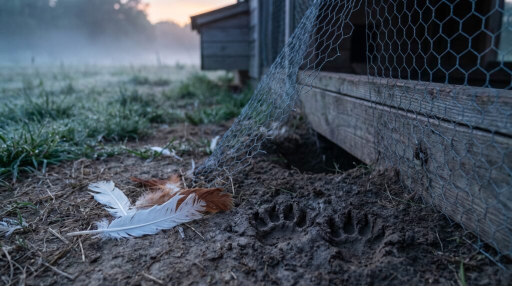 scattered feathers and raccoon paw prints near damaged chicken wire at coop base