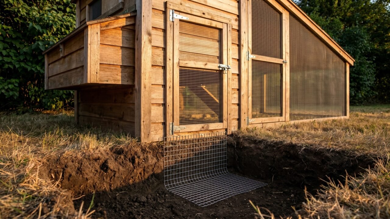 buried L-shaped predator apron and hardware cloth run protecting a backyard chicken coop