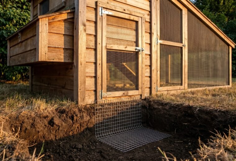 buried L-shaped predator apron and hardware cloth run protecting a backyard chicken coop