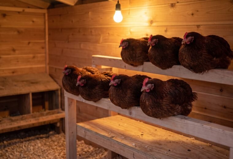 Six Rhode Island Red hens settled on two-level wooden roosting bars inside a backyard coop