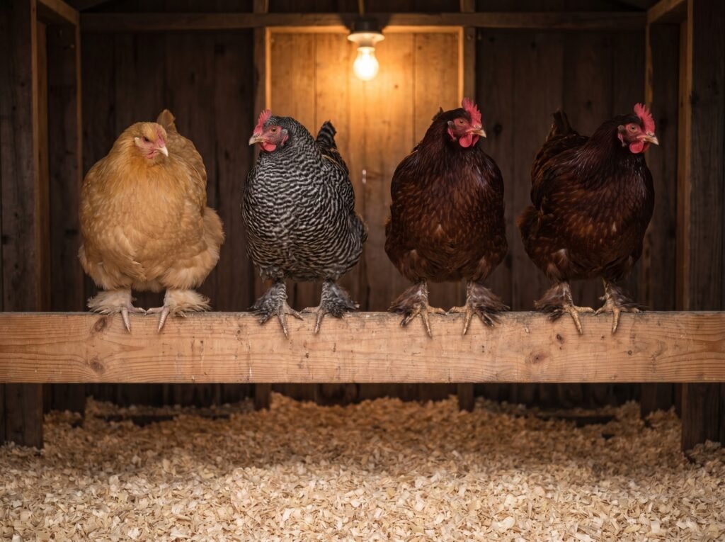 Chickens roosting on a wide flat 2x4 board with feathers covering their toes in winter