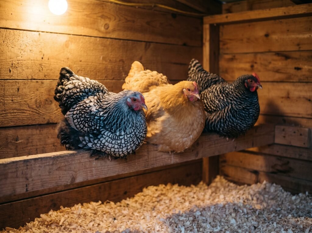 Three chickens roosting on a wide flat wooden bar with feet covered by breast feathers for warmth