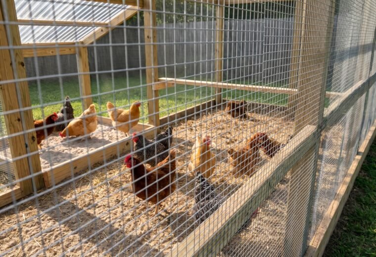 covered hardware cloth chicken run for 10 chickens with sandy floor and dust bath corner