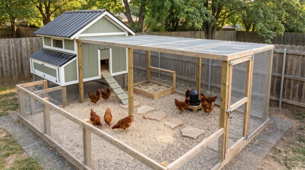 Backyard chicken coop with attached hardware-cloth covered run showing ten hens free-ranging inside